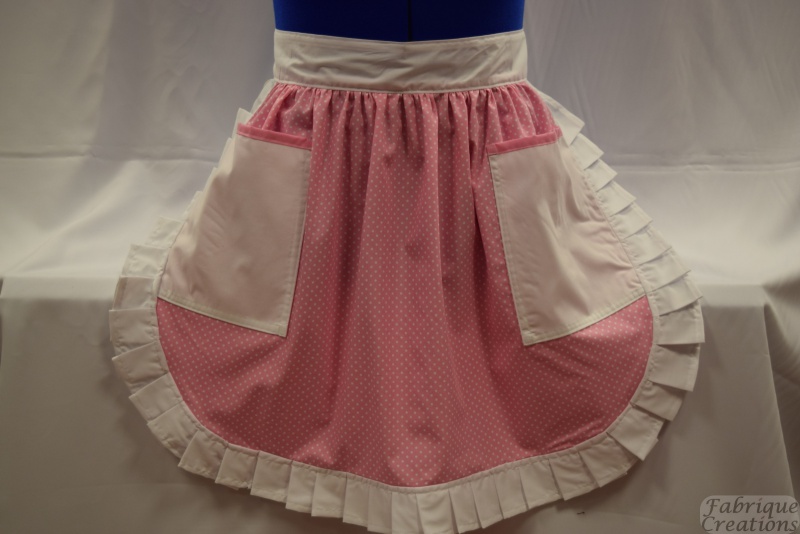 Retro Vintage 50s Style Half Apron/Pinny Pink & White Polka Dot & Grey Panels & 2 Pockets Fabrique Creations FC119H 